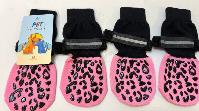 lot 168206 image: Pink Leopard Print Dog Socks with Non-Slip Grips - Retail $8