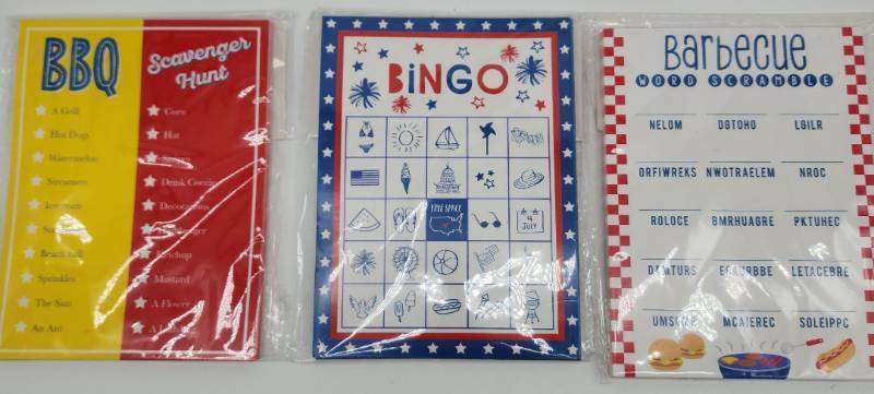 lot 69170 image: Summer Party Games Set - BBQ Scavenger Hunt, Patriotic Bingo & BBQ Word Scramble - Retail $12
