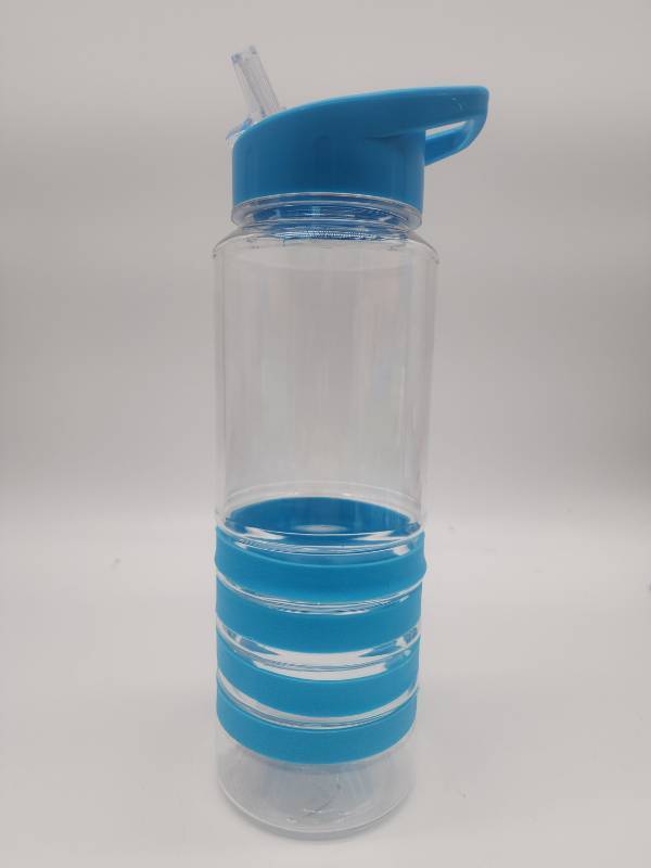lot 69199 image: Clear Water Bottle with Blue Grip Bands - Retail $12