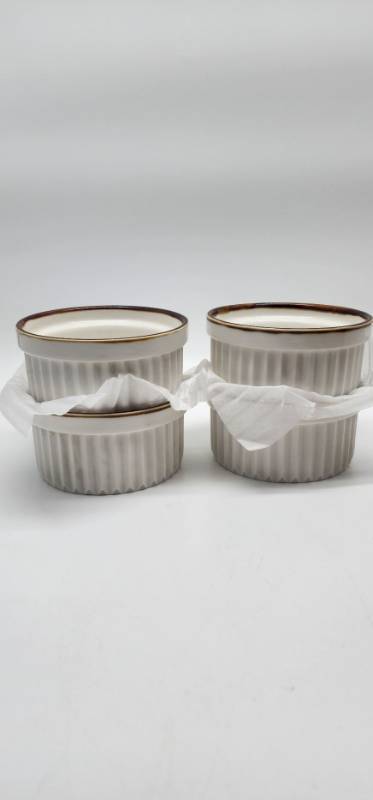 lot 69308 image: White Porcelain Ramekins with brown Trim - Set of 4 - Retail $24