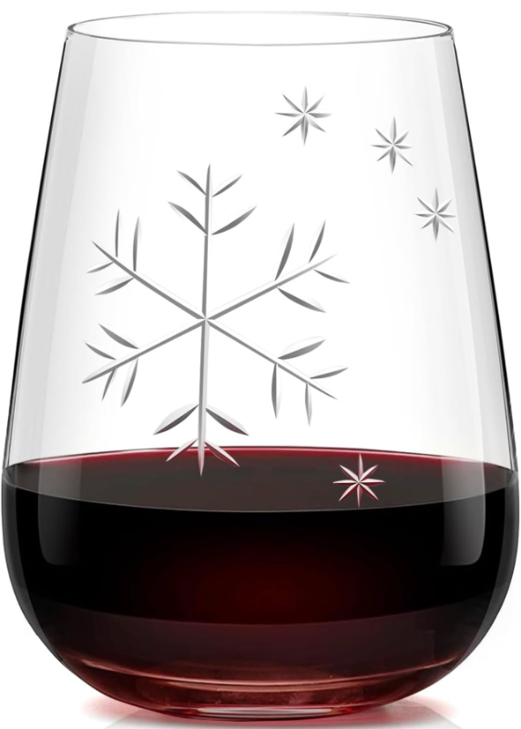 lot 70012 image: Stemless Red Wine Glasses - Hand-Blown Lead-Free Snowflake Crystal Wine Glasses 16 Oz - Retail $20