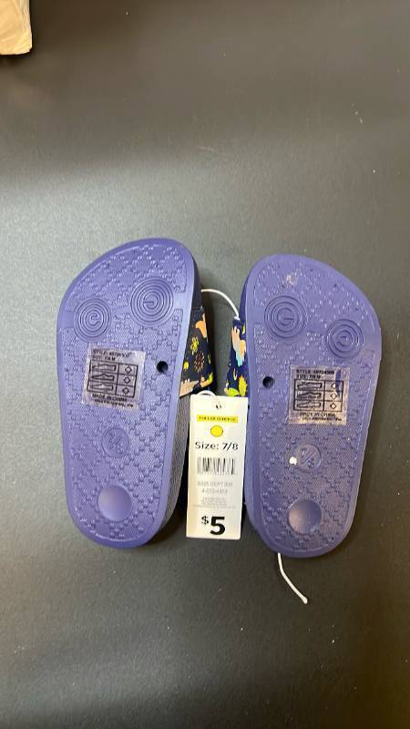 lot 70076 image: Navy Blue Toddler Boys Slides with Animal Print - Retail $5