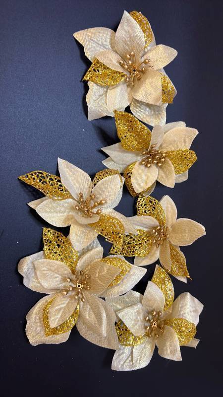 lot 70138 image: Gold and Cream Poinsettia Flower Picks - Retail $12
