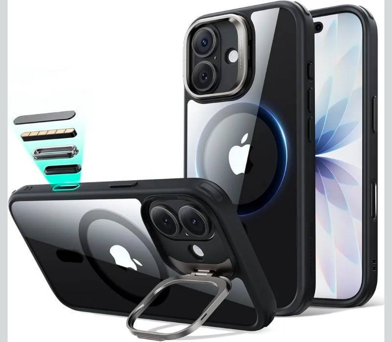lot 70575 image: ESR for iPhone 17 Case with Stash Stand, Camera Control Cover Compatible with MagSafe, Military-Grade Drop Protection Magnetic Phone Case, Scratch-Resistant Back Cover,Clear Blue - Retail $15