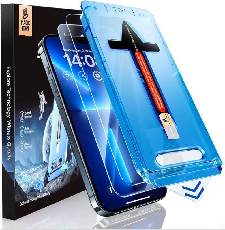 lot 70656 image: MAGIC JOHN 2 Pack for iPhone 13 Pro MaxiPhone 14 Plus 6.7 inch Tempered Glass Screen Protector, Auto Dust-Elimination Installation, Bubble Free, HD Clear, Easy Installation - Retail $12