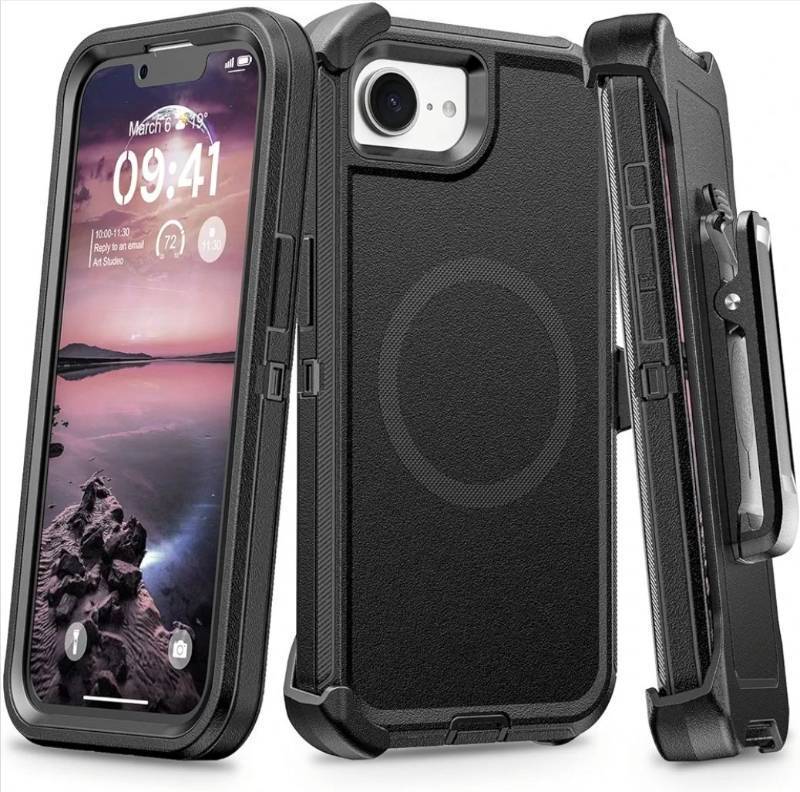 lot 70661 image: for iPhone 16e Case with Belt Clip Holster, Anti-Shock, Anti-Slip, Compatible with MagSafe, 3-Layer Drop Protection, Heavy Duty Magnetic Phone Case Cover for 16e, 6.1, Black - Retail $15