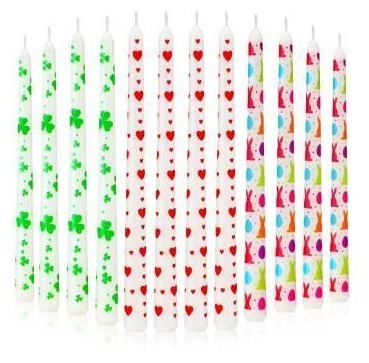 lot 69483 image: Nuanchu 12 Pcs 10 Valentines Day Taper Candles for Valentines, St. Patricks Day and Easter Decorations for Table Red Heart Shamrocks Bunny Egg Candles Gift for Anniversary Wedding Irish Home Decor - Retail $22