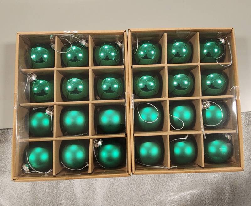 lot 69486 image: Set of 24 Green Glass Ball Christmas Ornaments - Retail $30
