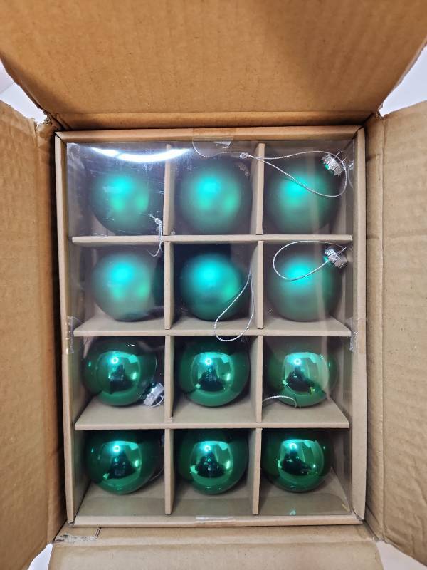 lot 69769 image: Set of 24 Forest Greeb Glass Christmas Ornaments - Retail $15