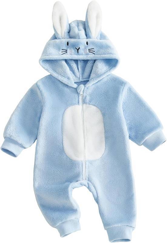 lot 17978 image: Bagilaanoe Infant Baby Boy Girl Easter Outfit Clothes Bunny Ear Hooded Long Sleeve Romper Jumpsuit Fall Winter Clothes Blue, 3-6 Months