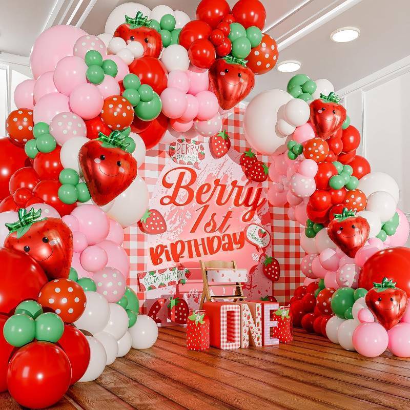 lot 18035 image: ALL-IN-1 Strawberry Balloon Arch Kit & Garland with BONUS Strawberry   Small and Large Red Pink Green Strawberry Balloons   Strawberry Shortcake Party Decorations Supplies for Birthday & Baby Shower