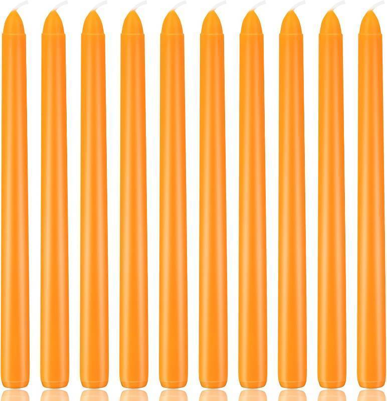 lot 18055 image: 10 Inch Orange Taper Candles, 10 Pack Unscented Candlesticks for Dinner, Fall Harvest, Halloween, Seasonal Celebration and Home Decoration