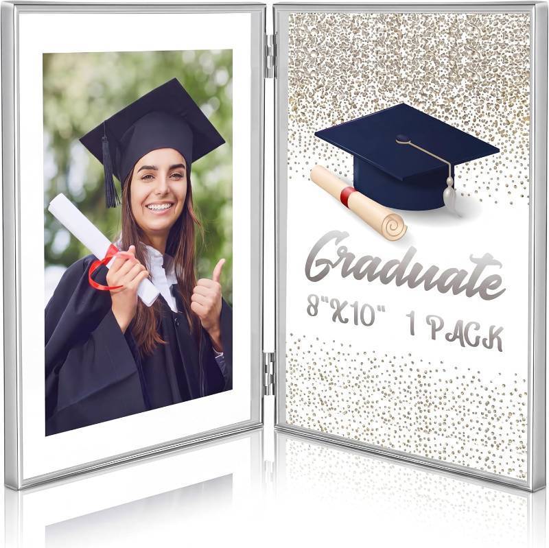 lot 18073 image: Sintuff 8 x 10 Brass Double Picture Frame Clear Double Folding Hinged Frame Acrylic Memorial Photos Displayed Stand for Desktop Artwork Plants Specimen Graduation Christmas Gifts(Silver)