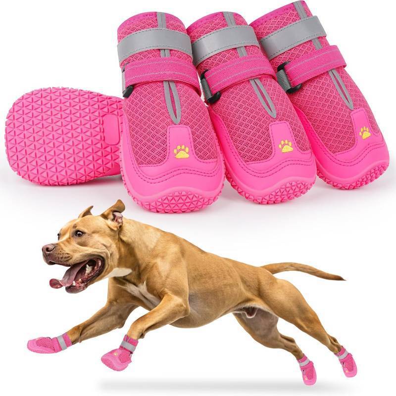 lot 18098 image: LUCKYPAW Dog Shoes for Large Medium Dogs, Breathable Dog Boots for Hot Pavement, Paw Protectors for Summer Walking Hiking Winter Snow Outdoor, No Slip Reflective Booties for Hardwood Floor-Hot Pink, 4