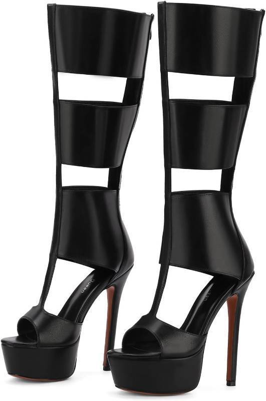 lot 22447 image: FancyQueen Platform Knee High Sandals for Women, Gladiator Open Toe Summer Booties Black Heels Sandal Boots, Sexy Style Casual for Party Size 8.5