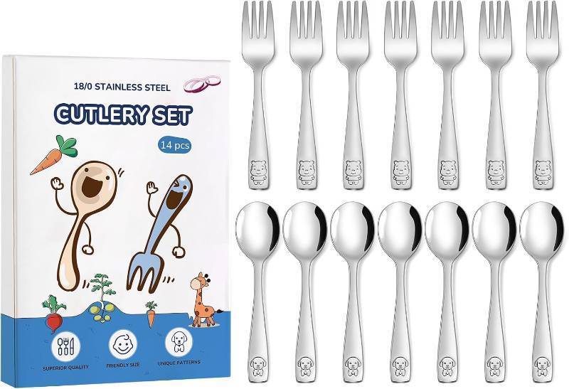 lot 22450 image: 14-Piece Toddler Utensils, Children Safe Forks and Spoons, Kids Stainless Steel Silverware Set, Mirror Polished, Dishwasher Safe