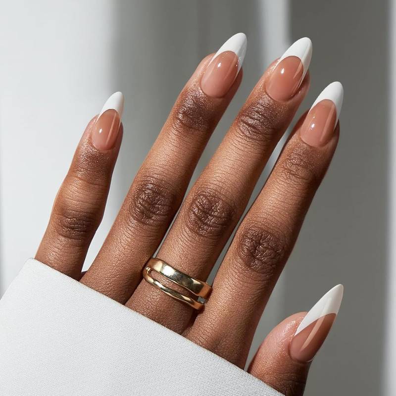 lot 22451 image: BTArtbox French Tip Press On Nails - Medium Press On Nails Almond, Natural Fake Nail with Nail Glue, Brown Glue On Nails in 16 Sizes - 32 Fake Nails Kit, Capable