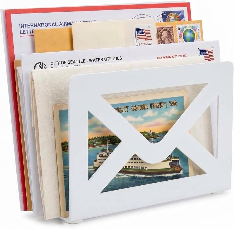 lot 22471 image: MyGift White Metal Desktop Mail Holder with Cutout Envelope Design Home and Office Desk Letter Organizer