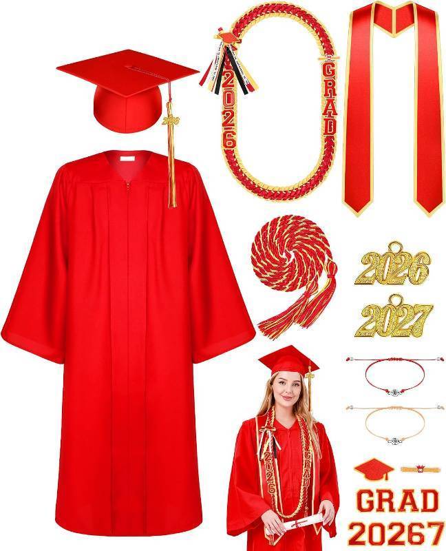 lot 3138 image: Matte Graduation Gown Cap Tassel Set with 2026 Tassel Stole Graduation Lei Bracelet for High School and Bachelor