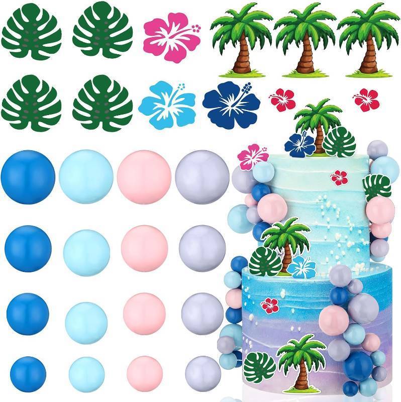 lot 3588 image: Leinuosen 72 Pcs Cartoon Cake Topper Hawaiian Birthday Cake Decoration with Pink Blue Balls Tropical Flower Decor Hawaiian Theme Birthday Party Supplies
