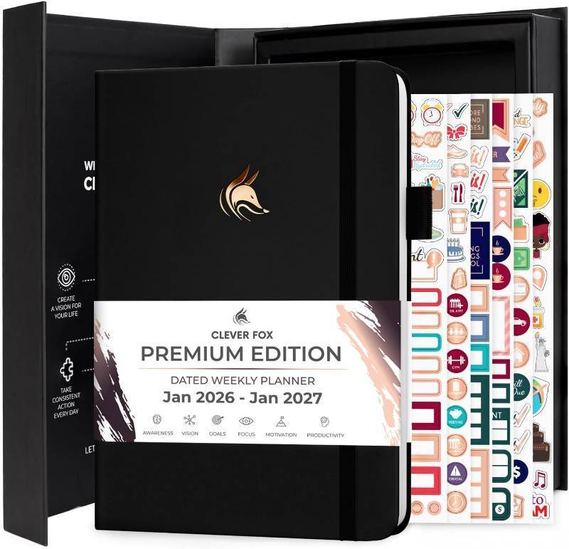 lot 2566 image: Clever Fox Dated Planner Premium 2026   Weekly Agenda for Planning & Time Management  Notebook with Habit Tracker & To-do List (Black)