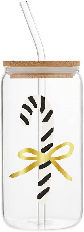 lot 2570 image: Santa Barabara Design Studio Gold-Foil Embellished Holiday Cold Brew Glass Travel Tumbler Cup with Bamboo Lid and Glass Straw, 16 Fluid Ounces, Single Candy Cane