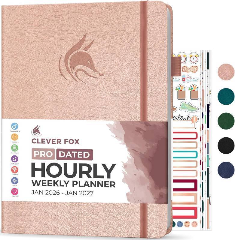 lot 3027 image: Clever Fox Planner PRO Schedule Dated (Jan 2026 Jan 2027)   Weekly & Monthly Life Planner with Time Slots, Appointment Book and Daily Organizer to Increase Productivity, A4 Hardcover   Rose Gold