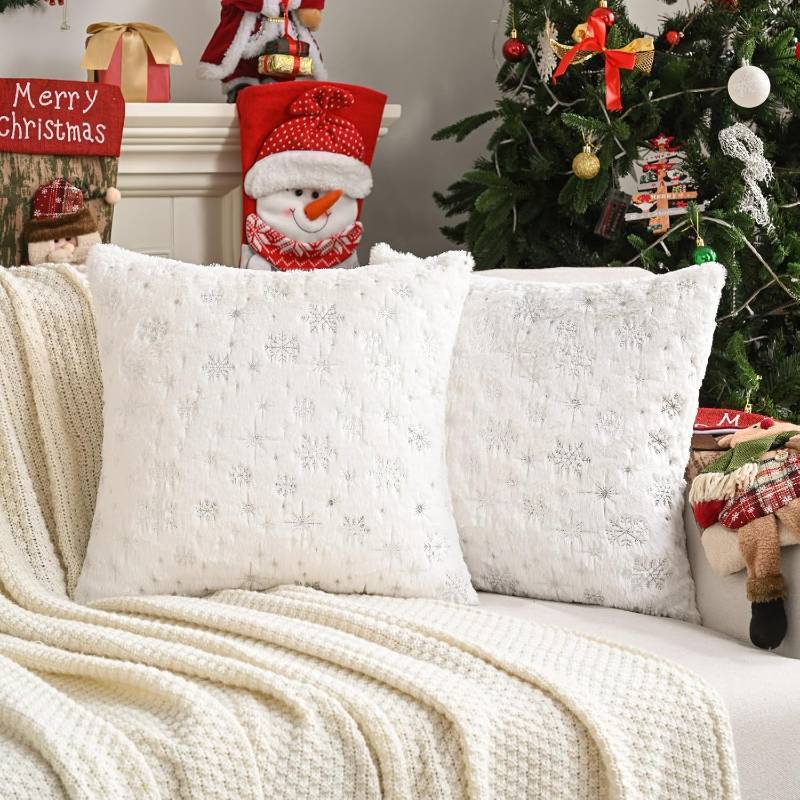 lot 3044 image: FUTEI Christmas Snowflakes White Throw Pillow Covers 18x18 inch Set of 2,Soft Decorative Cushion Cases,Home Decor for Couch Bed Living Room
