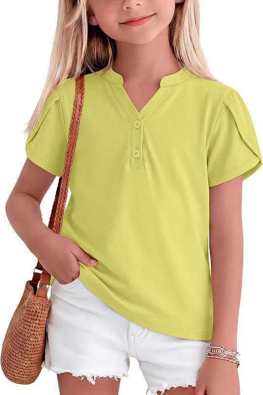 lot 3110 image: Girls Petal Sleeve Tops  Petal Sleeve, V Neck, Button Detail, Soft Stretch, Short Sleeve, Summer, Casual, School, Playwear, Tween Girls, Kids Tops SIZE 11-12 YEARS