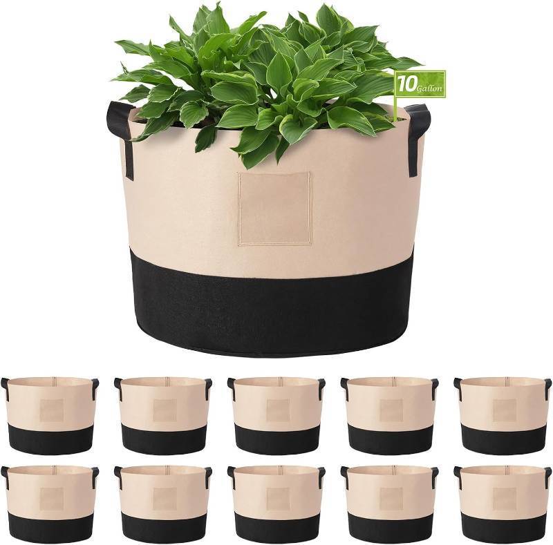 lot 2477 image: LITLANDSTAR 10 Gallon Fabric Grow Bags, 10 Pack Heavy Duty Thickened Nonwoven Plant Grow Bags with Handles and Label Bags, Fabric Plant Pots for Growing Vegetables Flowers Herbs (Black Mixed Camel)