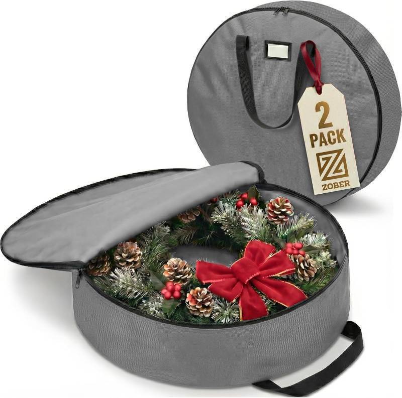 lot 2497 image: ZOBER 2 Pack Oxford Christmas Wreath Storage Container 30 Inch - Wreath Bag for Artificial Wreaths Box - Waterproof Fabric, Dual Zippered Wreaths Storage Bag With Strong Durable Handles - Gray