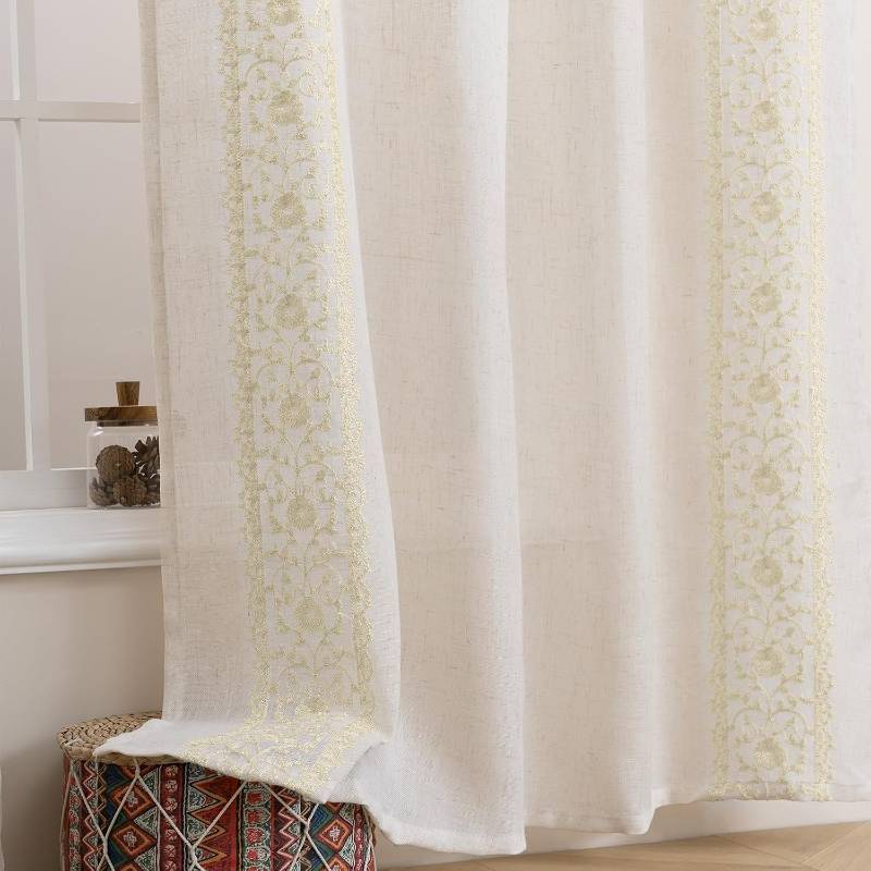 lot 2912 image: ColorBird Spring Beige Cream Linen Curtains Light Filtering Boho Floral Embroiderd Patterned Curtain & Drapes 84 Inches for Living Dining Room Bedroom Bathroom Window Treatment