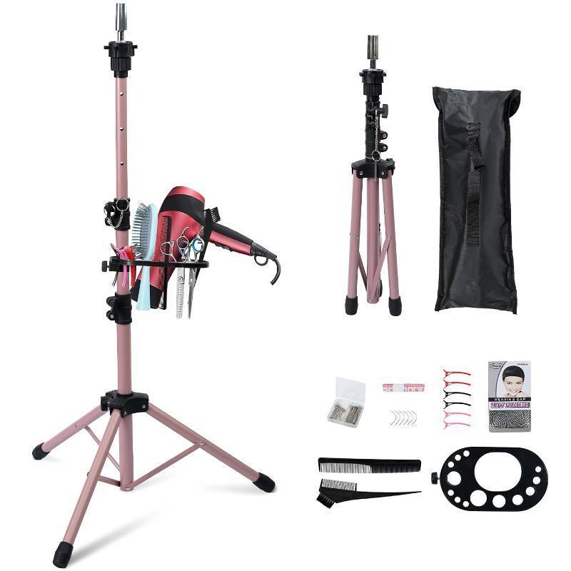 lot 2963 image: Klvied Wig Stand Tripod, Adjustable 25-53.5in for Braiding and Wig Styling  Mannequin head stand with tool tray and travel bag. Fits most open-bottom heads. Rose gold. For braiding and wig styling.