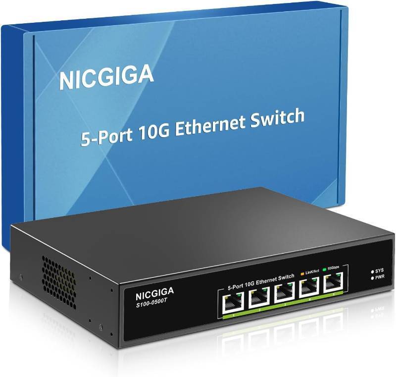 lot 45040 image: 5 Port 10G Ethernet Switch Unmanaged,with 5X 10Gb Base-T RJ45 Ports, NICGIGA 10Gbps Network Switch Easy for 10G NAS,PC,WiFi7 Router,10G AdapterNIC. Desktop or 19-inch Rack Mount, Plug and Play - Retail $219.99