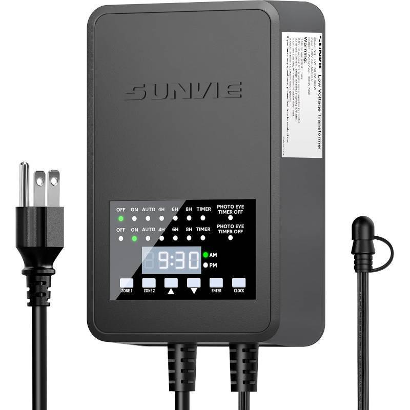 lot 45042 image: SUNVIE 300W Low Voltage Landscape Transformer with 2 Independent Control Output Landscape Lighting Transformer with Timer and Photocell Sensor 120V AC to 1214V AC Weatherproof Low Voltage Transformer - Retail $119.99