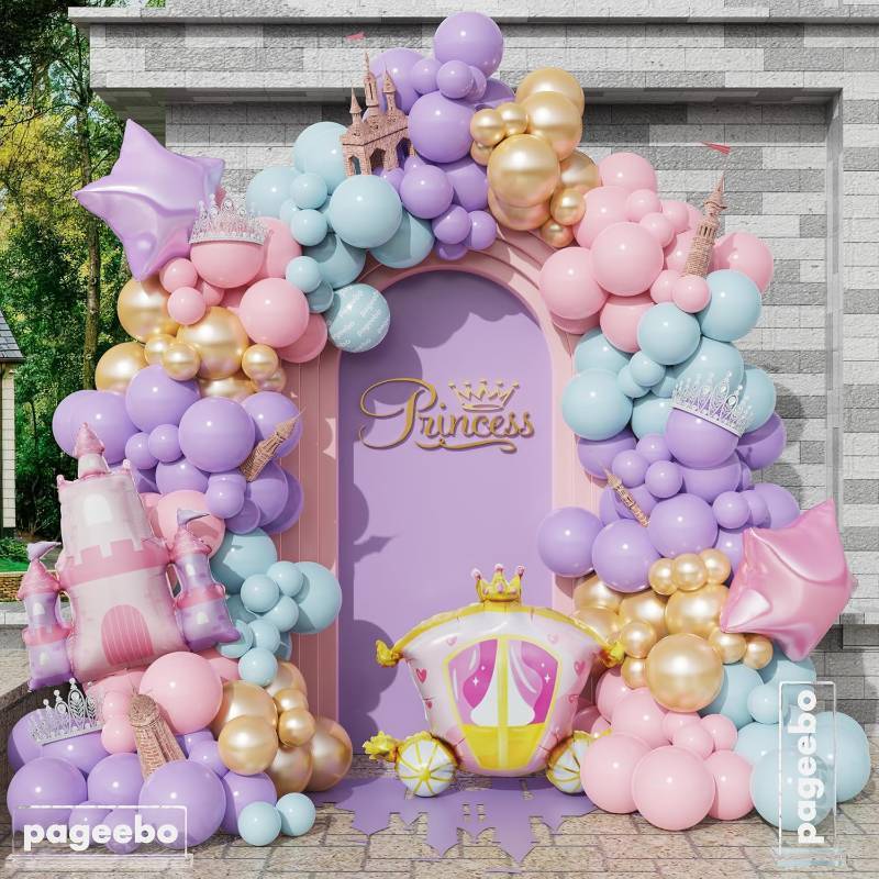 lot 43557 image: Princess Balloon Garland Arch for Girls Princess Baby Shower Birthday Party  154Pcs Pastel Blue Pink Purple Gold Balloons with Castle Carriage Star Foil Balloons for Fairytales Party Decortion