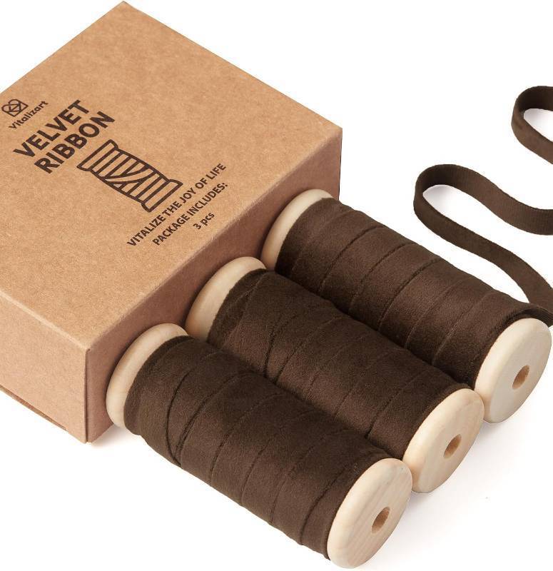 lot 45159 image: Vitalizart Brown Velvet Ribbon 38 x 15 Yds for Christmas Gift Wrapping  Clean-Cut Edge Rustic Vintage Thin Velvet Holiday Ribbon For Wreaths Tree Ornaments Bows Garland Festive Decor Party