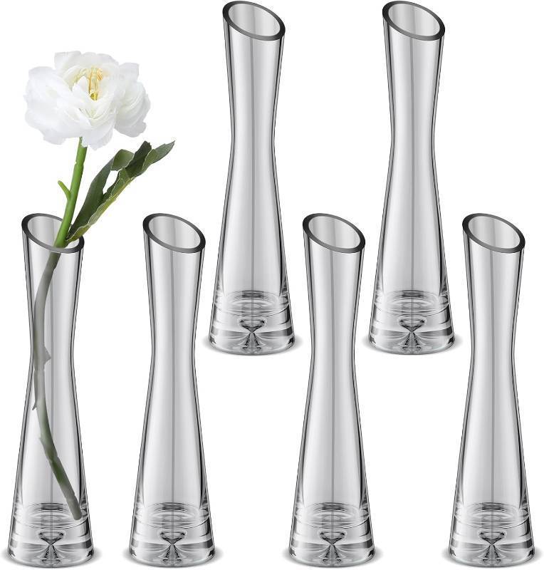 lot 17787 image: Lallisa 6 Pcs Glass Bud Vases for Centerpieces Maria Modern Clear Small Skinny Decorative Single Flower Bud Vase for Wedding Party Event Home Office Decoration(7.87 Inch,Grey)