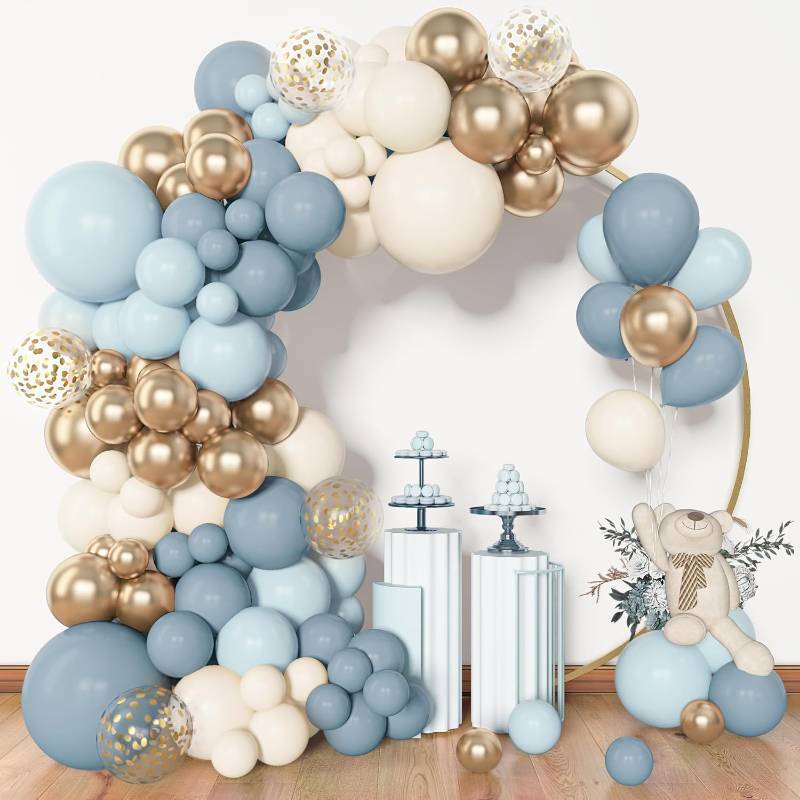 lot 17838 image: Amandir 153pcs Dusty Blue Balloon Garland Arch Kit, Different Sizes 18 12 10 5 inch Blue White Sand Latex Metallic Confetti Gold Balloons Baptism Birthday Boho Baby Shower Party Decoration Supplies