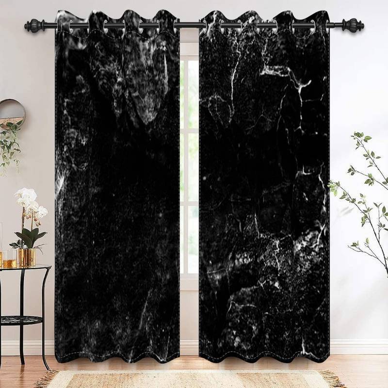 lot 17841 image: Renaiss Black Marble Blackout Curtains, Black and White Marble Texture Print Bedroom Window Curtains Luxury Modern Art Thermal Insulated Window Drapes for Kitchen 29W x 55L Set of 2 Panels