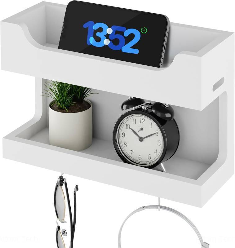 lot 17856 image: NiHome Wall Mounted Wooden Bedside Accessories Organizer, Double Tray Bedside Storage Shelf Rack with Magnetic Hooks, Bedroom Dorm RV Wall Caddy Holder for Phone Glasses Alarm Clock Remote (White)