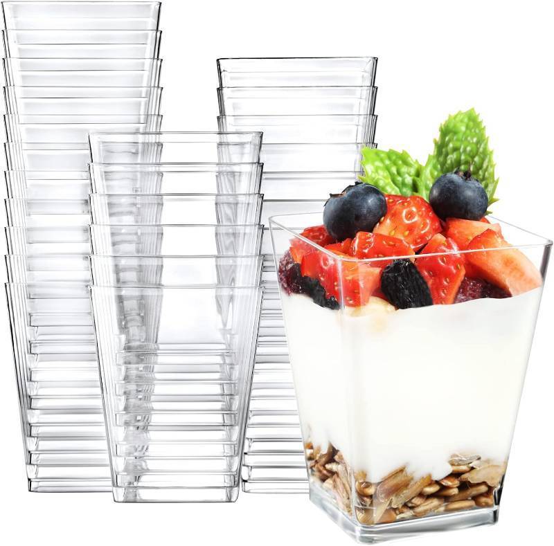 lot 22480 image: Eupako 50 Pack 5 oz Square Clear Plastic Dessert Cups Small Clear Plastic Tumbler Cups Great for Desserts, Appetizers, Puddings, Mousse and More