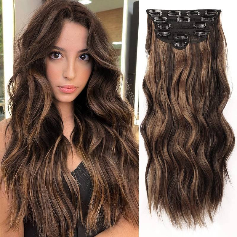 lot 22522 image: NAYOO Clip in Hair Extensions for Women 20 Inch Long Wavy Curly Dark Brown Mix Chestnut Hairpieces Full Head Synthetic Hair Hairpieces (6PCS, Dark Brown Mix Chestnut)