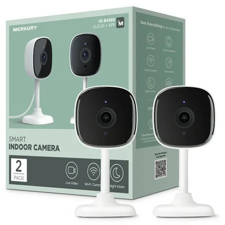 lot 50270 image: Merkury Smart 1080P Smart Indoor Security Camera with Voice Control - Requires 2.4 GHz Wi-Fi (2 pack), White