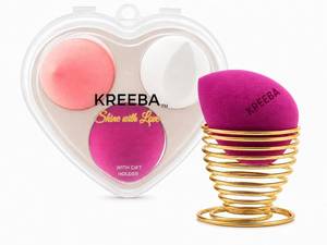 lot 48659 image: KREEBA 3 Pcs Precision Makeup Sponge Set with Heart Travel Case & Gold Stand - Multi-Shape Latex-Free & Vegan Sponges for Contour, Foundation & Concealer