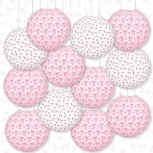 lot 48647 image: 12 Pcs 10 in Large Coquette Pink Bow Paper Lanterns