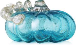 lot 48675 image: Glitzhome Hand Blown Glass Pumpkin Decor 5 Blue - Artisan Fall Table Centerpiece for Thanksgiving Harvest Home Decor Halloween Displays