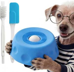 lot 48696 image: Slow Feeder Dog Bowl with Rolling Ball, Interactive Lick Bowl, Non-Slip, Spatula & Cleaning Brush Set, Anxiety Relief Toy (Blue)