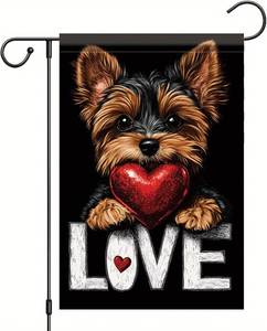 lot 79003 image: Cute Kasha Dog Garden Flag Holding Red Heart Love Sign Double Sided Yard Banner 12x18 Inch Romantic Outdoor Decoration for Lawn Patio Dog Lover Gift Valentine Anniversary Seasonal Flag