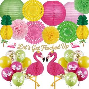 lot 79010 image: 34Pcs Luau Party Decorations Flamingo Hawaiian Tropical Party Supplies with Lets Get Flocked Up Banner, 21 Honeycomb Flamingos, Paper Fans Lanterns Pom Poms & Latex Balloons